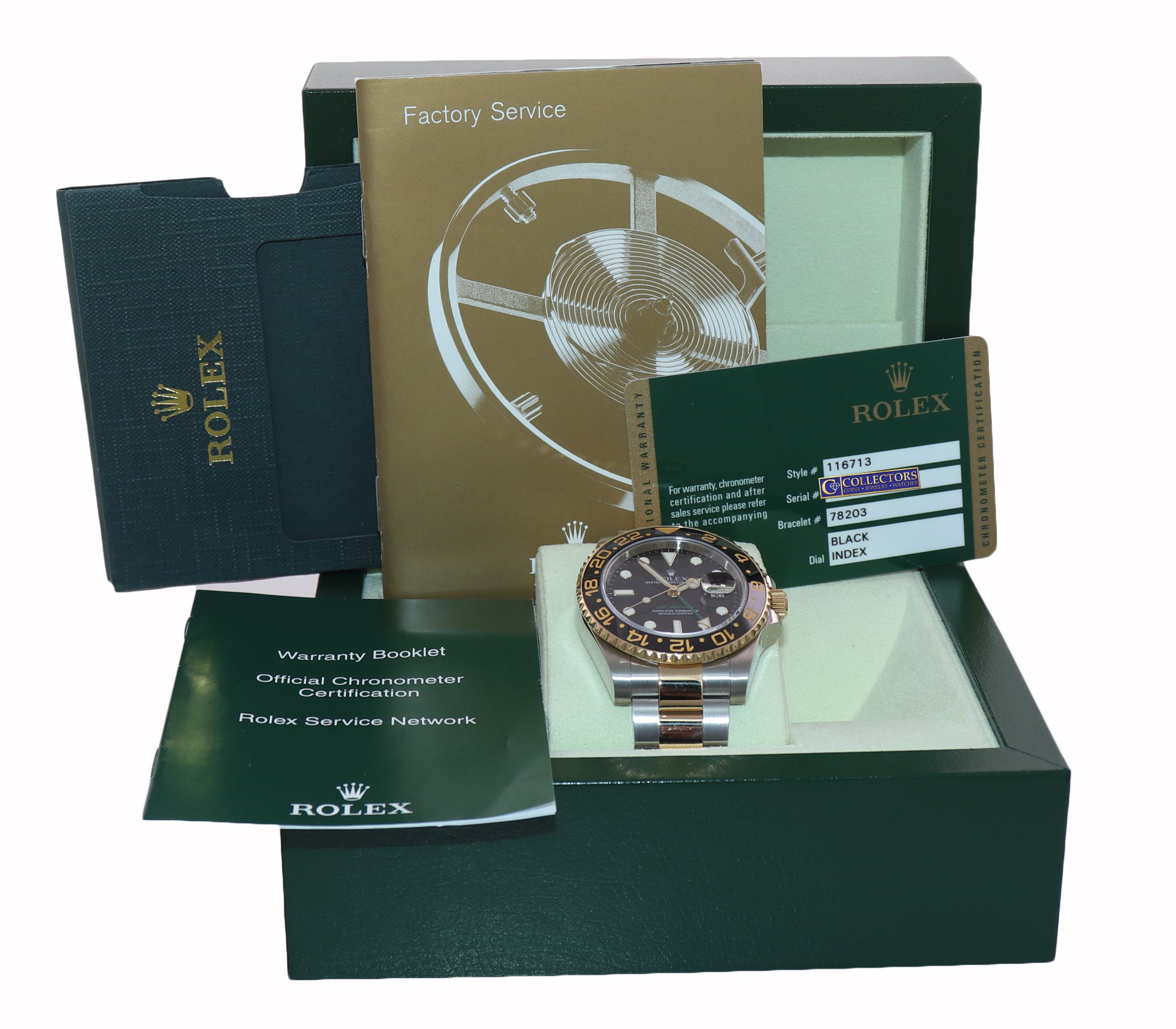 2011 PAPERS Rolex GMT-Master 2 Ceramic 116713 Black Two Tone Steel Gold Watch