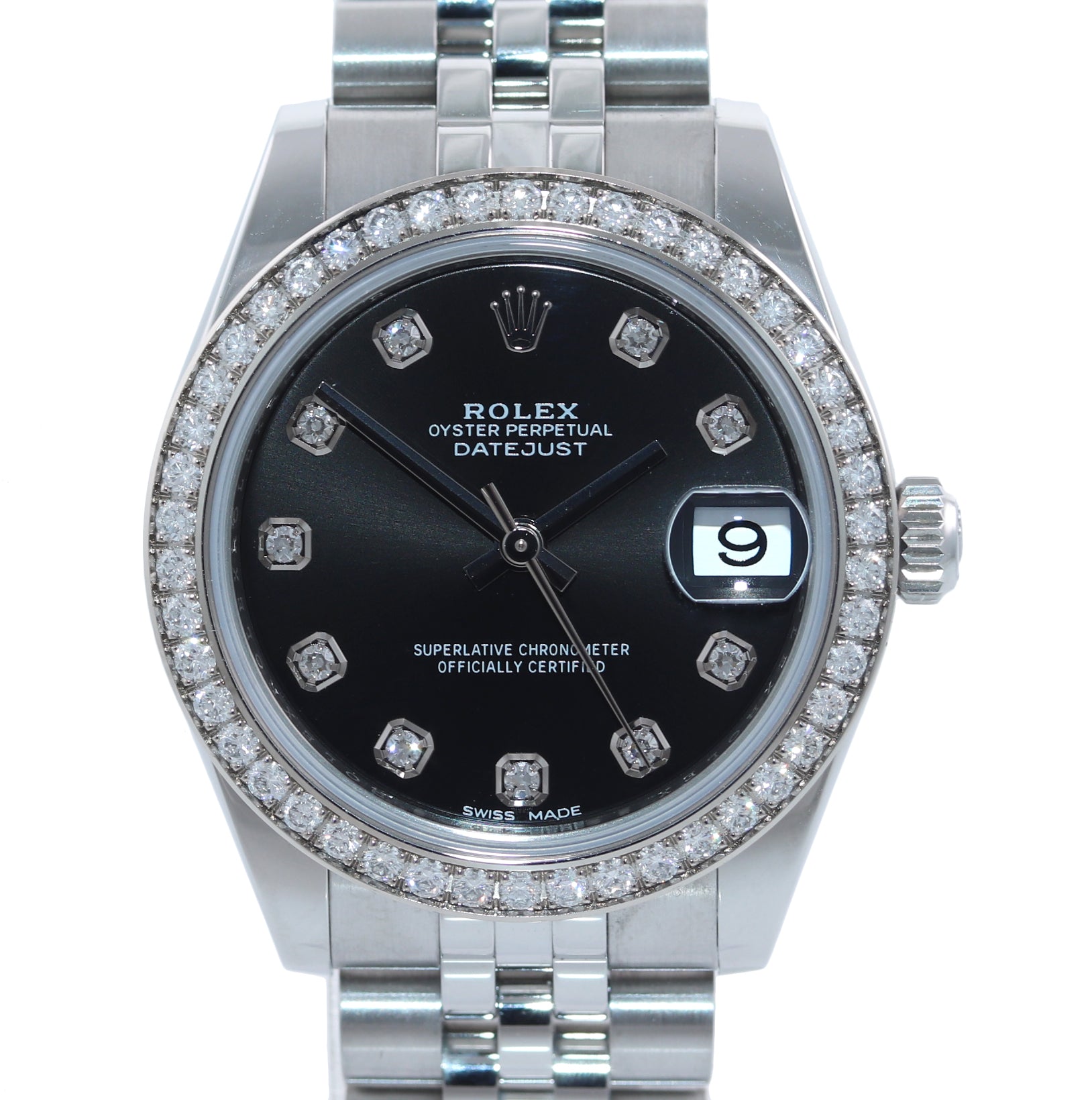 PAPERS 2017 Ladies Rolex DateJust Mid-Size 31 Black Diamond Bezel Watch 178384
