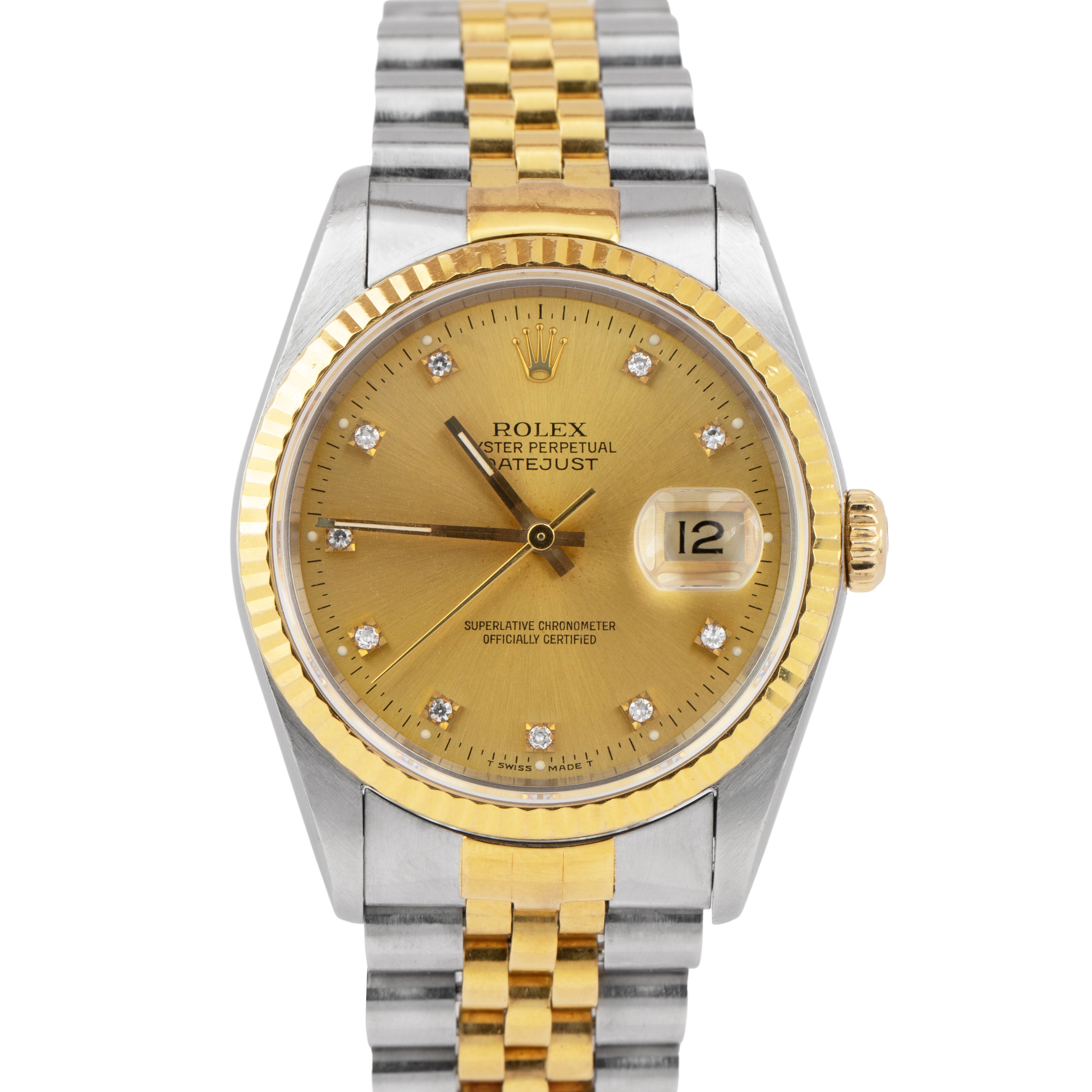 Rolex Datejust Ref 16233G Champagne Diamond Dial 18K Yellow 