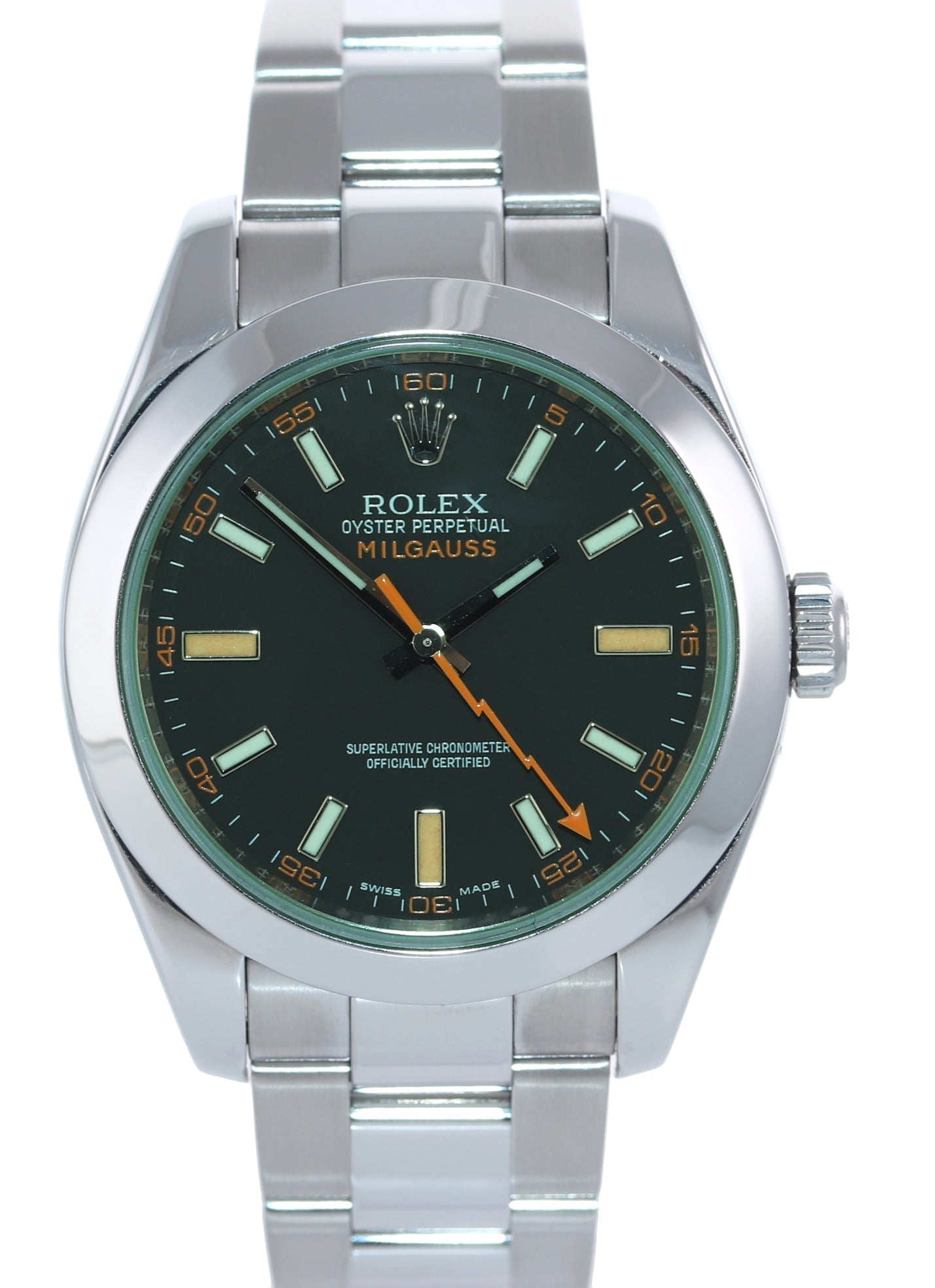 2022 MINT Rolex Milgauss Green Anniversary Orange Black 116400 GV Steel Watch Box