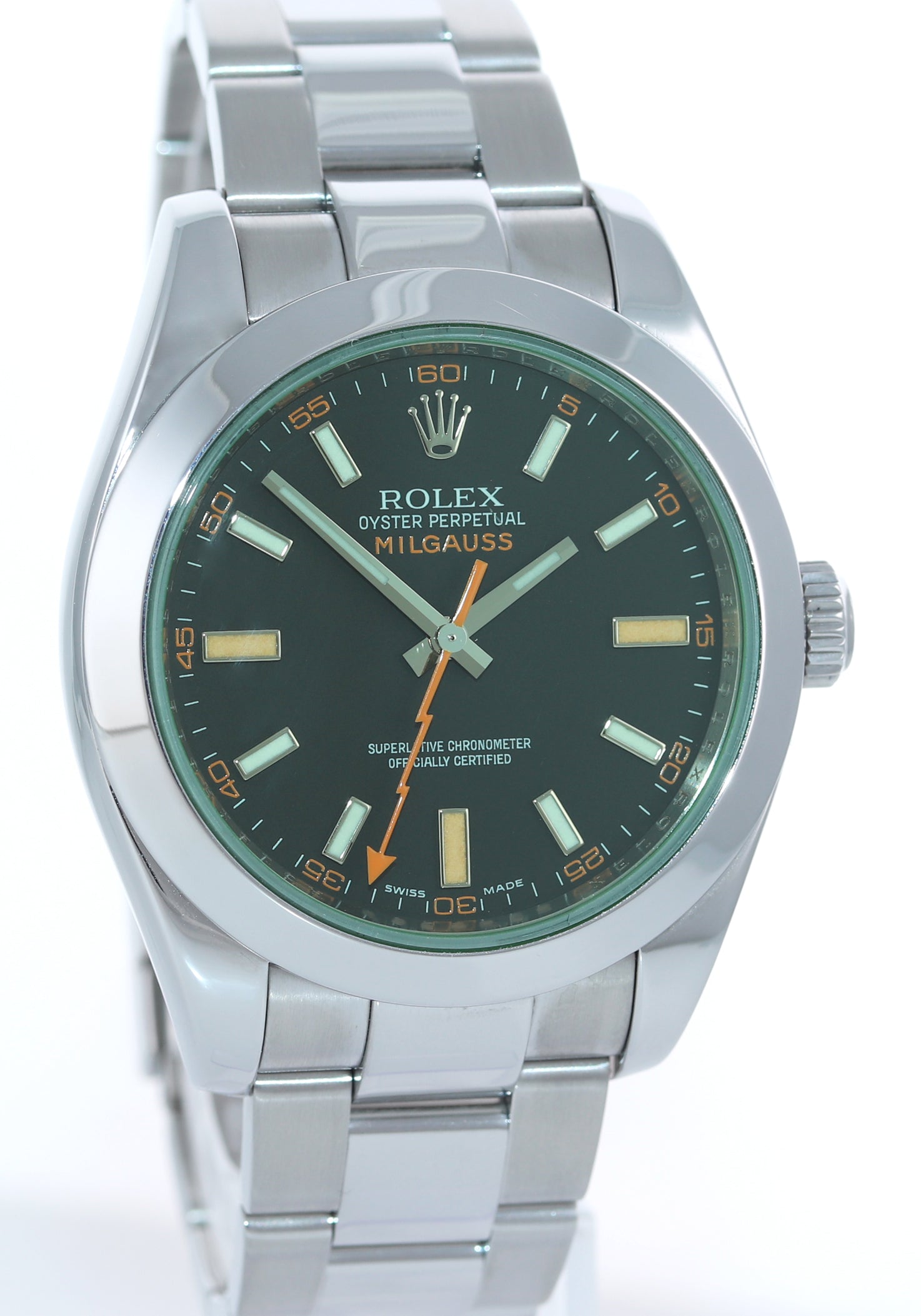 2022 MINT Rolex Milgauss Green Anniversary Orange Black 116400 GV Steel Watch