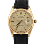 Rolex Oyster Perpetual Date 34mm Champagne 18K Gold Leather Strap Watch 1500