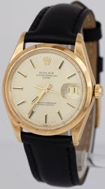 Rolex Oyster Perpetual Date 34mm Champagne 18K Gold Leather Strap Watch 1500