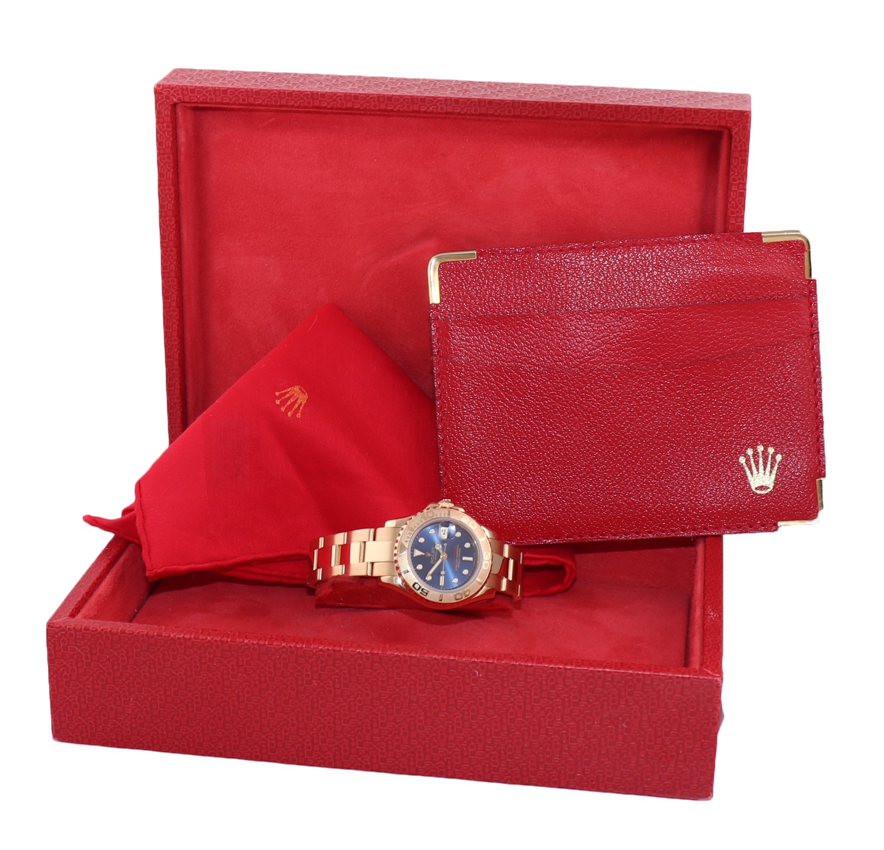Ladies 29mm 18k Yellow Gold Rolex Yacht-Master Blue Dial Watch 69628
