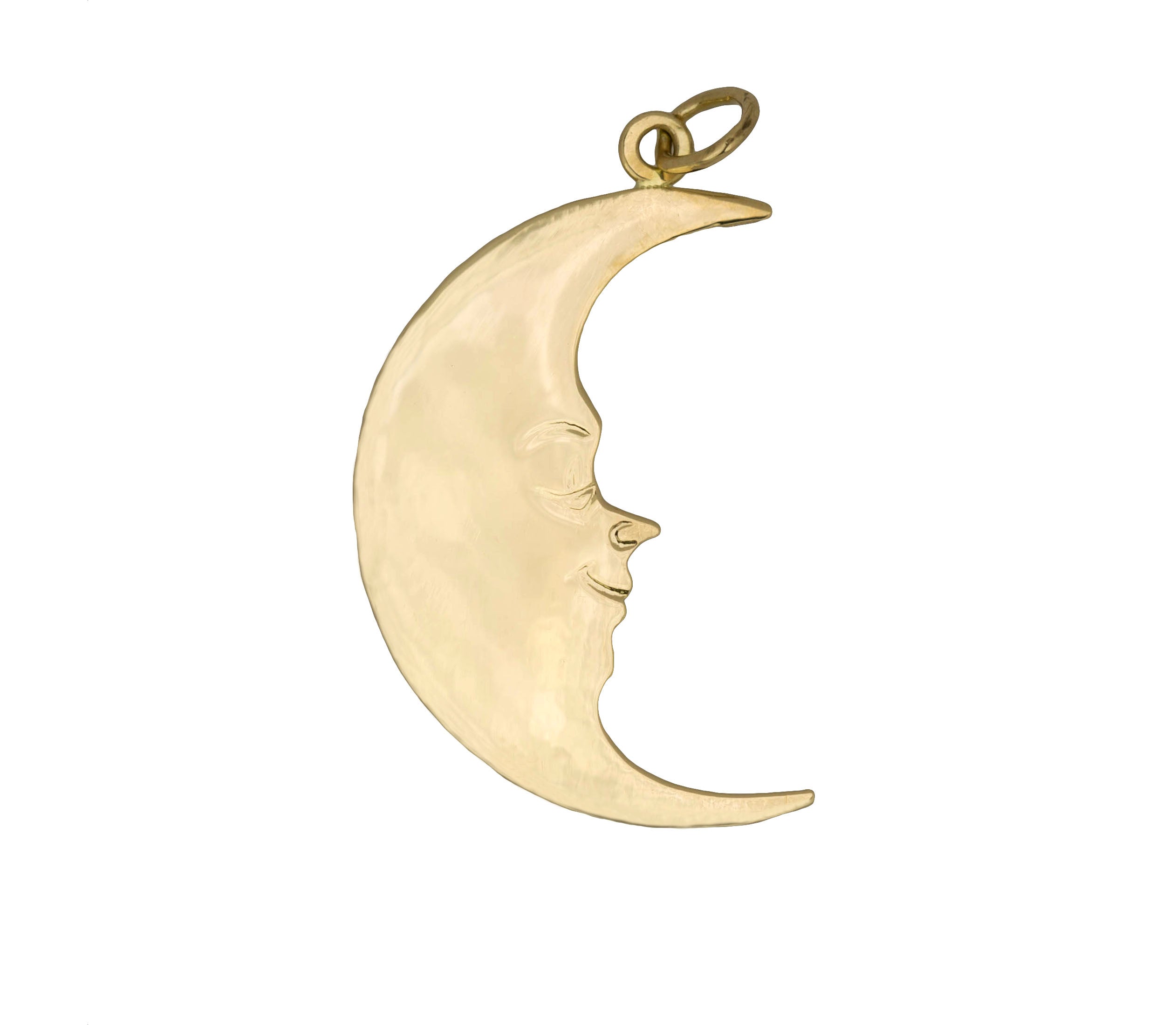 Modern Italian 18K 750 Yellow Gold Celestial Crescent Moon Face Pendan