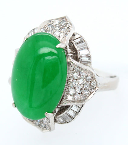 GIA 7.90ct Jadeiete Jade & Diamond Cocktail Ring in 14k White Gold | Size 6.75