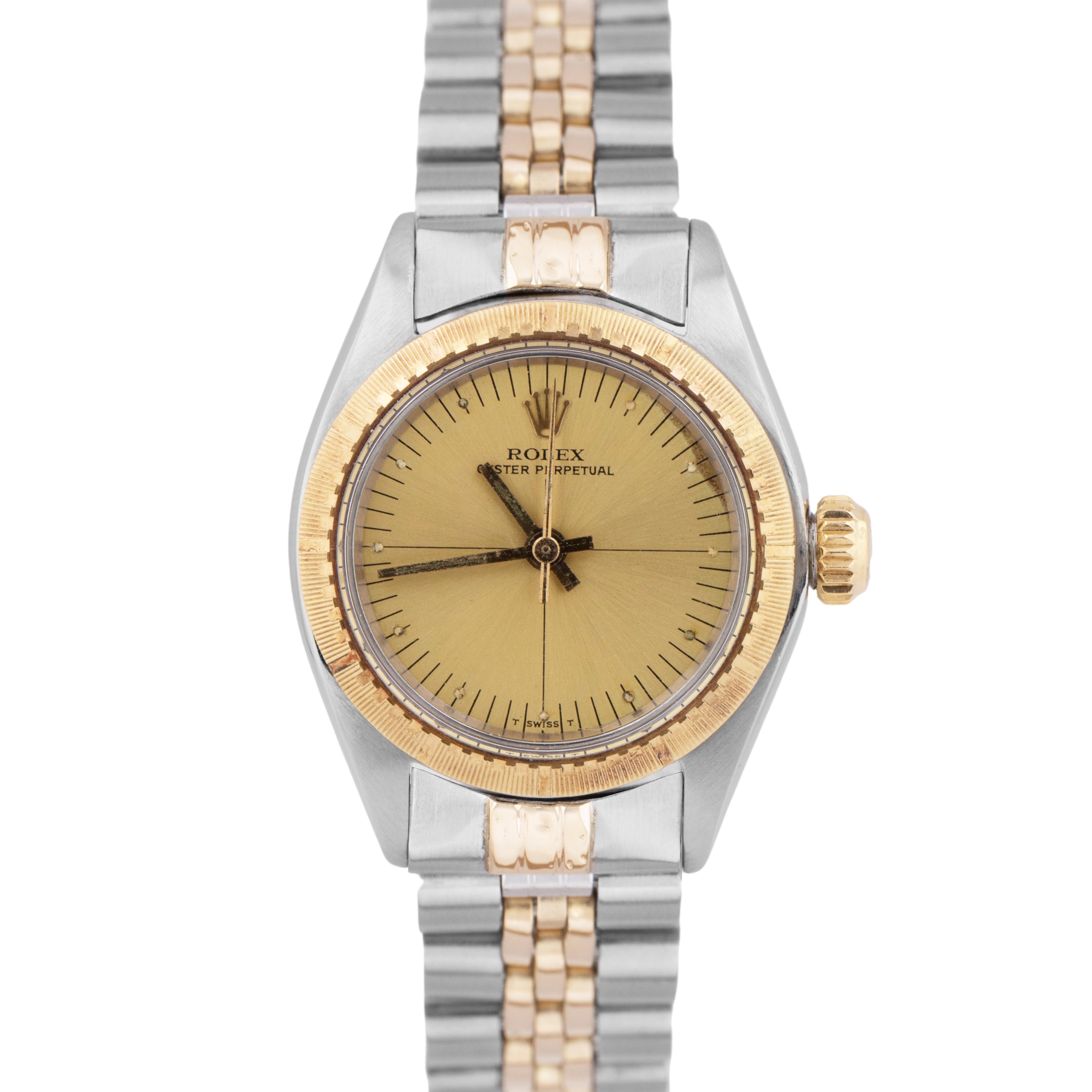 Rolex Oyster Perpetual 24mm Two Tone Engine Turned Champagne Jubilee W