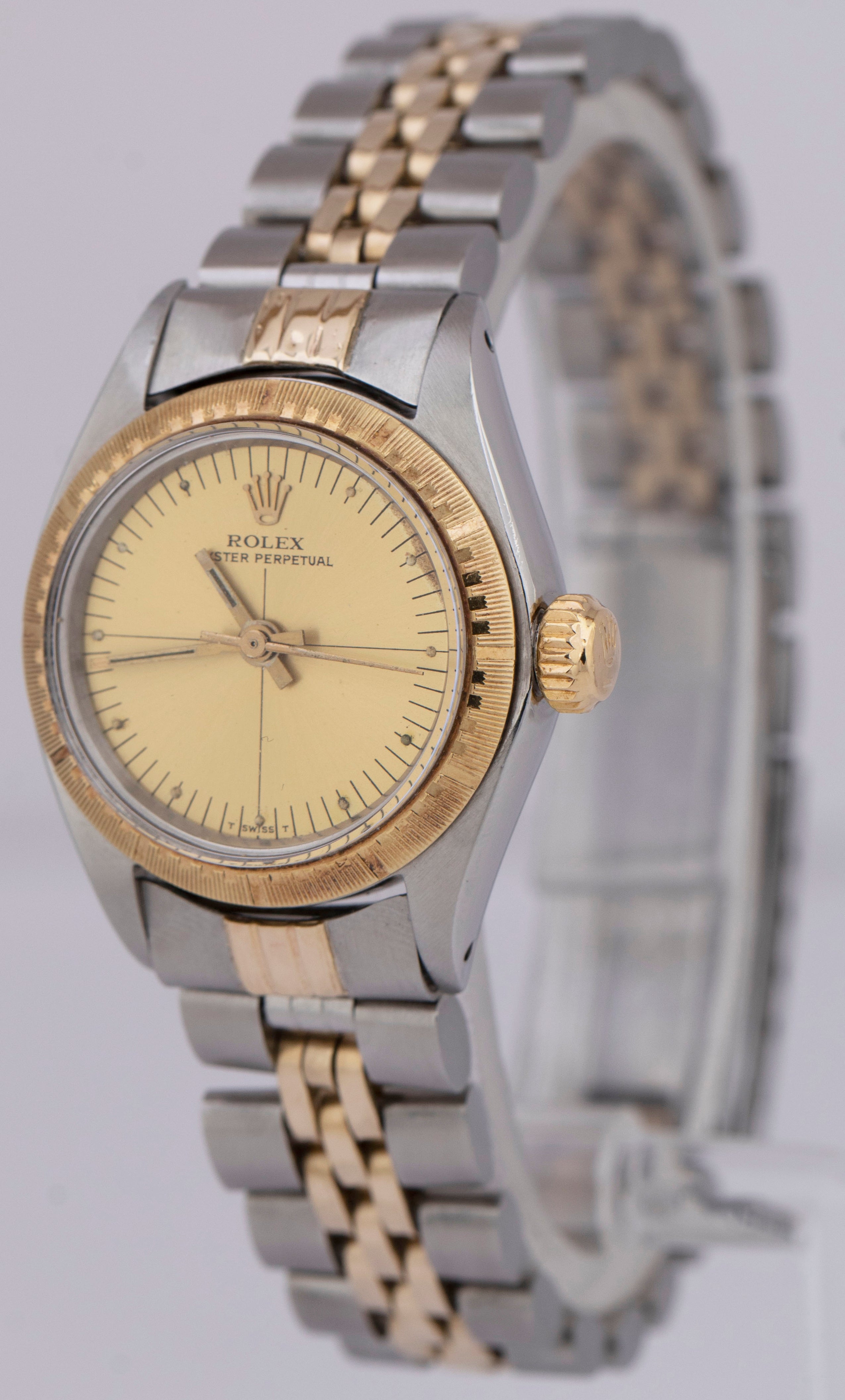 Rolex Oyster Perpetual 24mm Two-Tone Engine Turned Champagne Jubilee Watch 6724