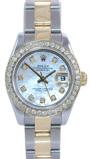 Ladies Rolex DateJust 26mm 179163 Yellow Gold Two Tone MOP Dial Diamond Watch