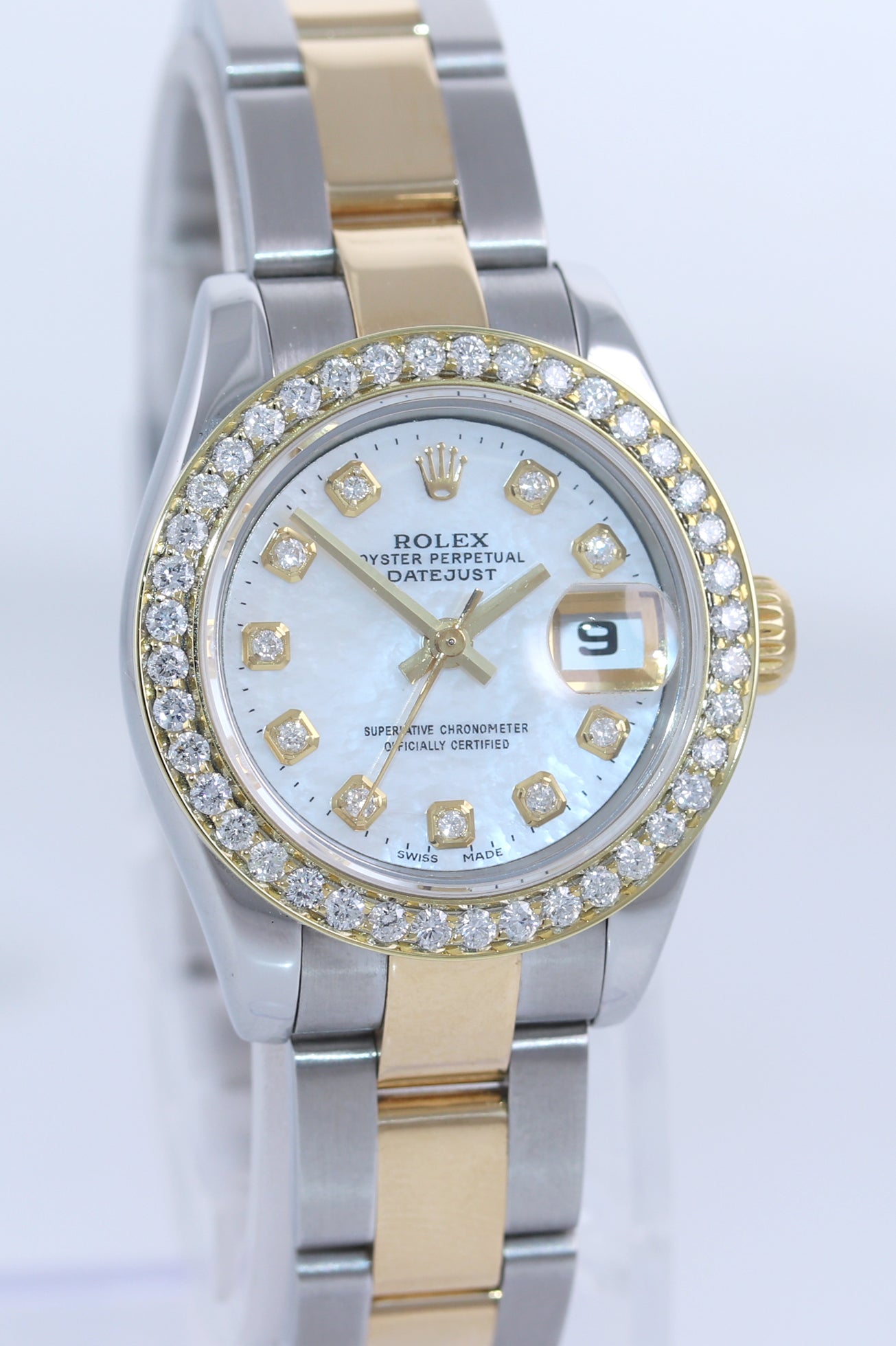 Ladies Rolex DateJust 26mm 179163 Yellow Gold Two Tone MOP Dial Diamond Watch