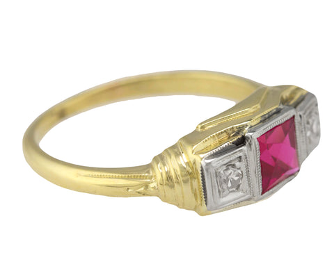 Ladies Vintage 14K Yellow White Gold 0.06ctw Lab-Created Ruby Diamond Ring