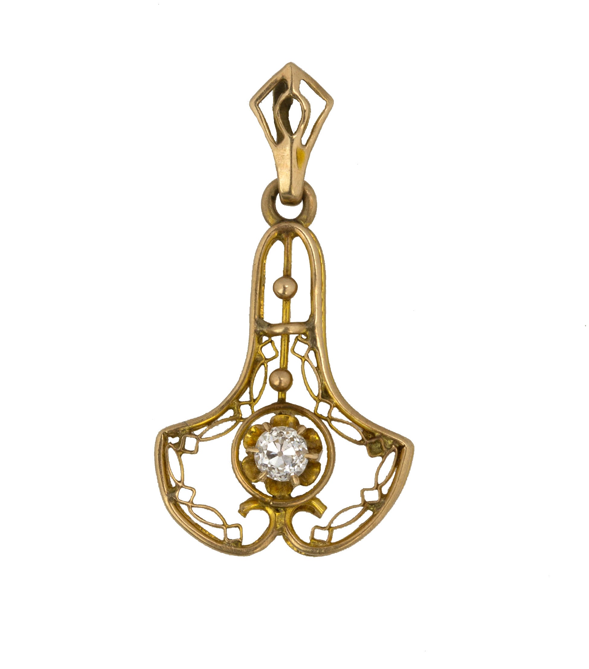 Art Nouveau Victorian 18K Yellow Gold 0.09ct Solitaire Diamond Filigree Pendant