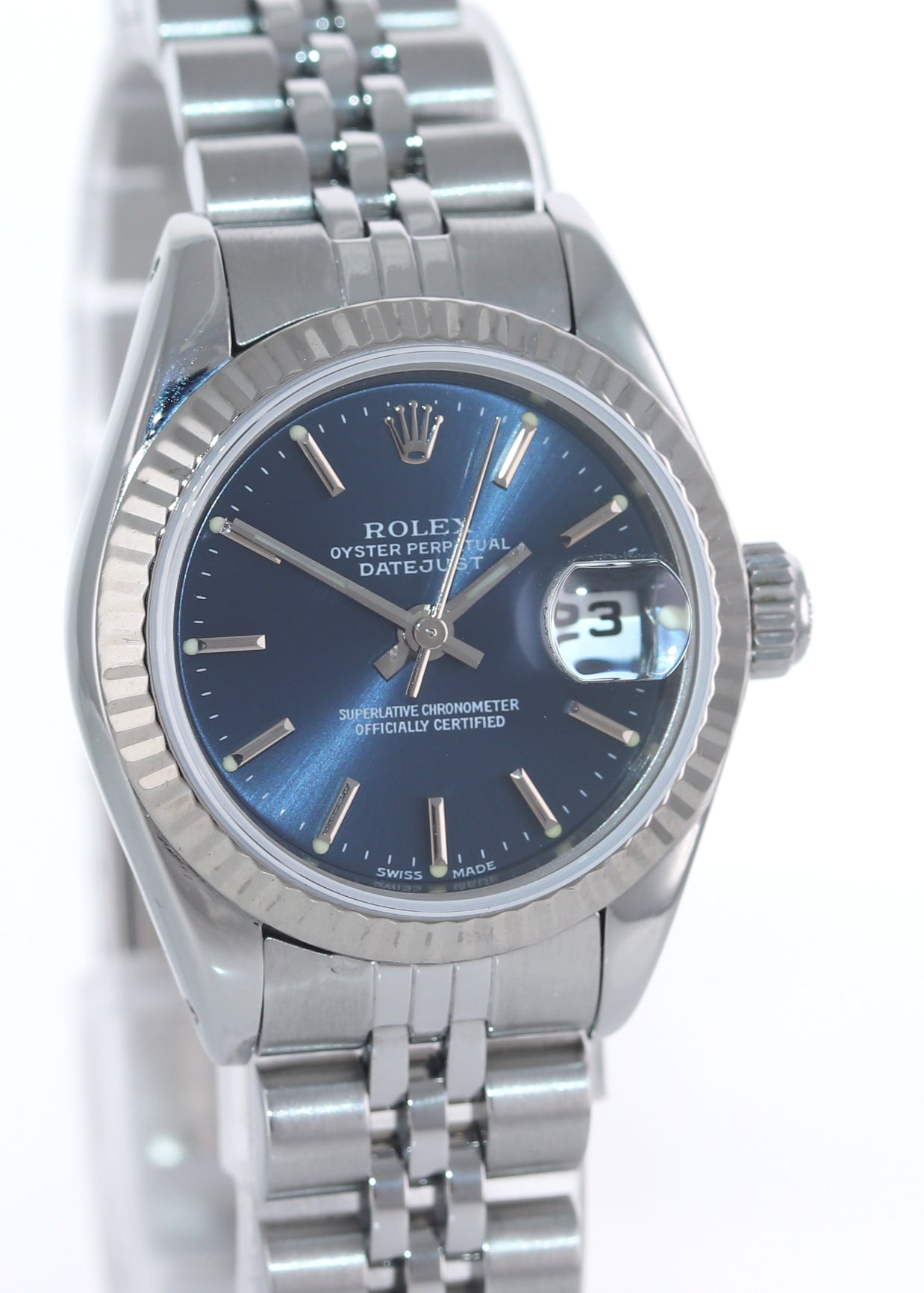Ladies Rolex DateJust 26mm Blue Stick Fluted Bezel Steel Jubilee Watch 69174