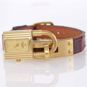 Ladies Hermes Kelly Gold Plated Padlock Lock Leather Band Bag Watch