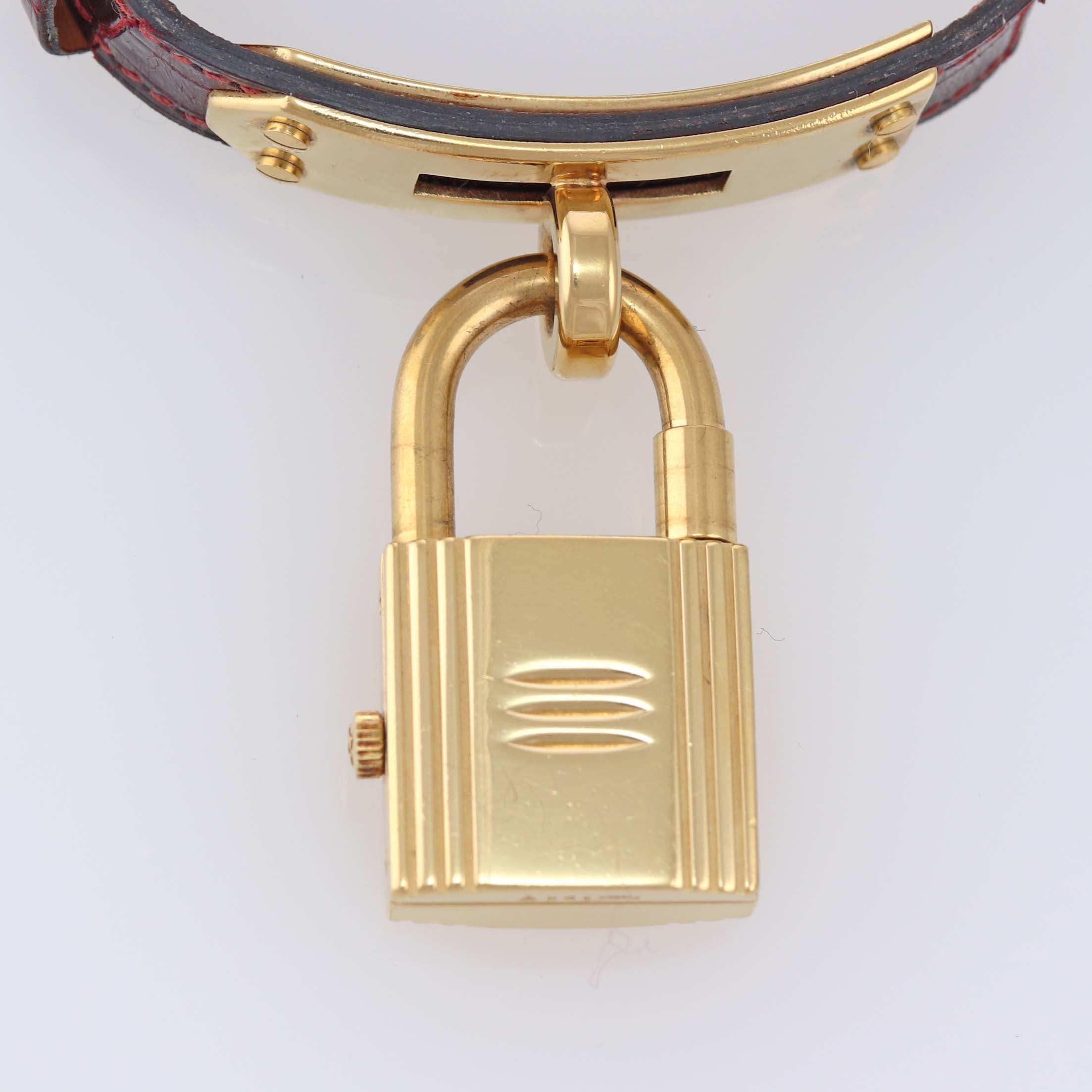 Ladies Hermes Kelly Gold Plated Padlock Lock Leather Band Bag Watch