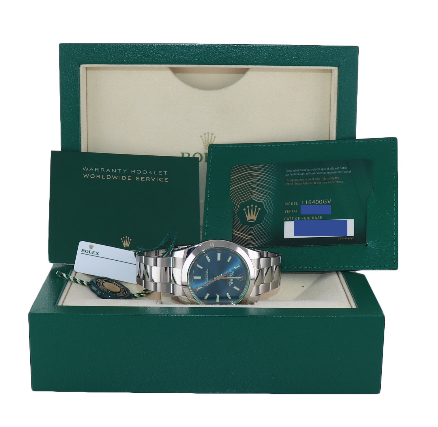 Copy of 2020 Papers Rolex Milgauss Blue Anniversary Green 116400GV Steel 40mm Watch Box