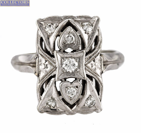 Ladies Antique Art Deco 14K White Gold 0.18ctw Diamond Filigree Cocktail Ring