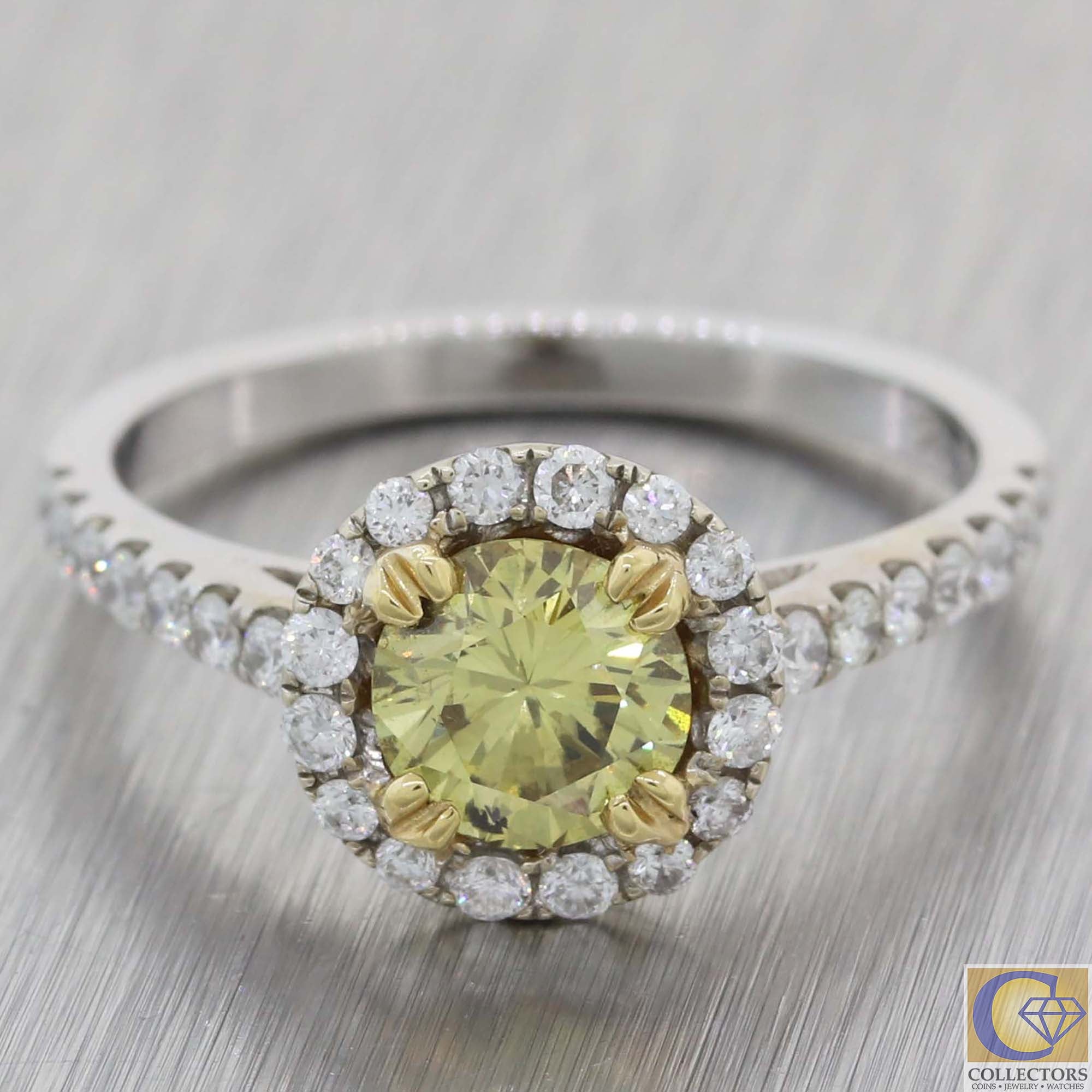 Modern 18k White Gold 1.45ctw Fancy Yellow Diamond Halo Engagement Ring A8