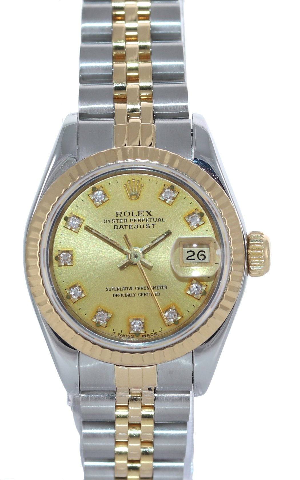 Ladies Rolex 69173 Two Tone 18k Gold 26mm Champagne Diamond Watch Box