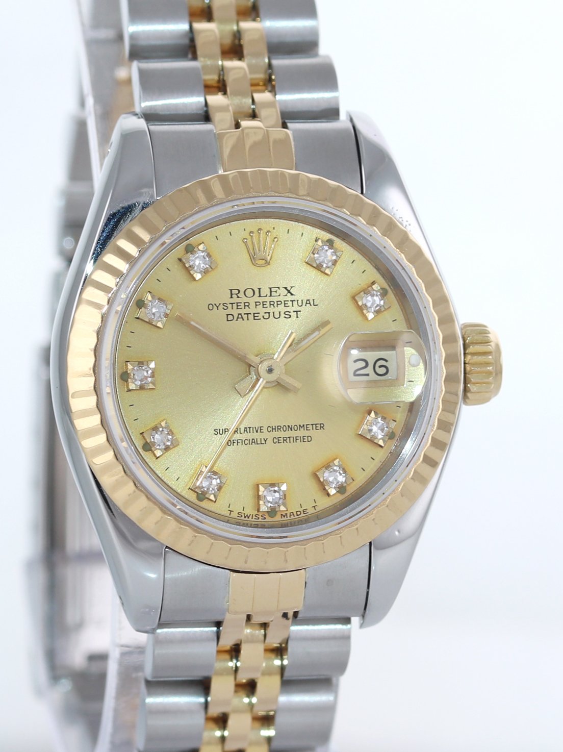 Ladies Rolex 69173 Two Tone 18k Gold 26mm Champagne Diamond Watch Box