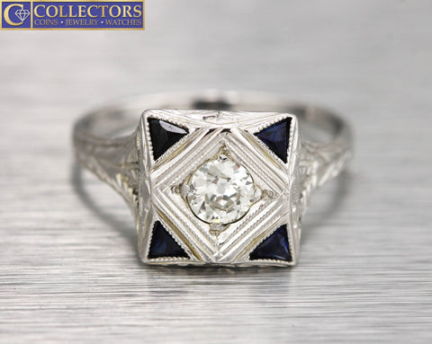 Antique Art Deco 18K White Gold 0.33ct Diamond Blue Sapphire Filigree Ring