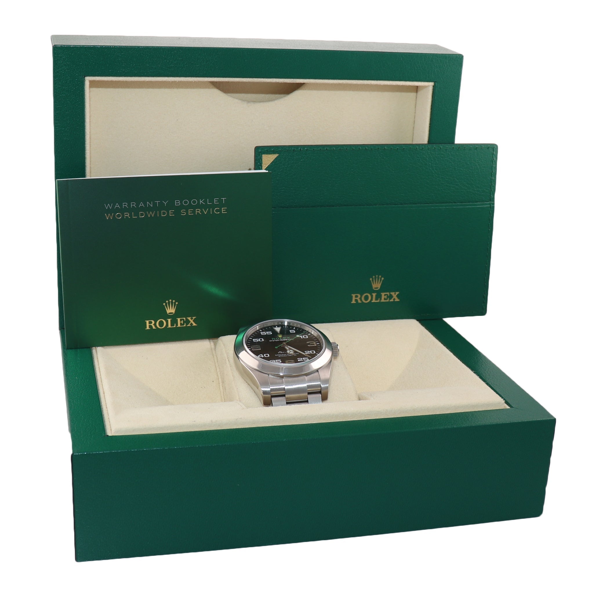 MINT 2021 Rolex Air King 116900 Black Arabic Dial 40mm Steel Green Watch Box