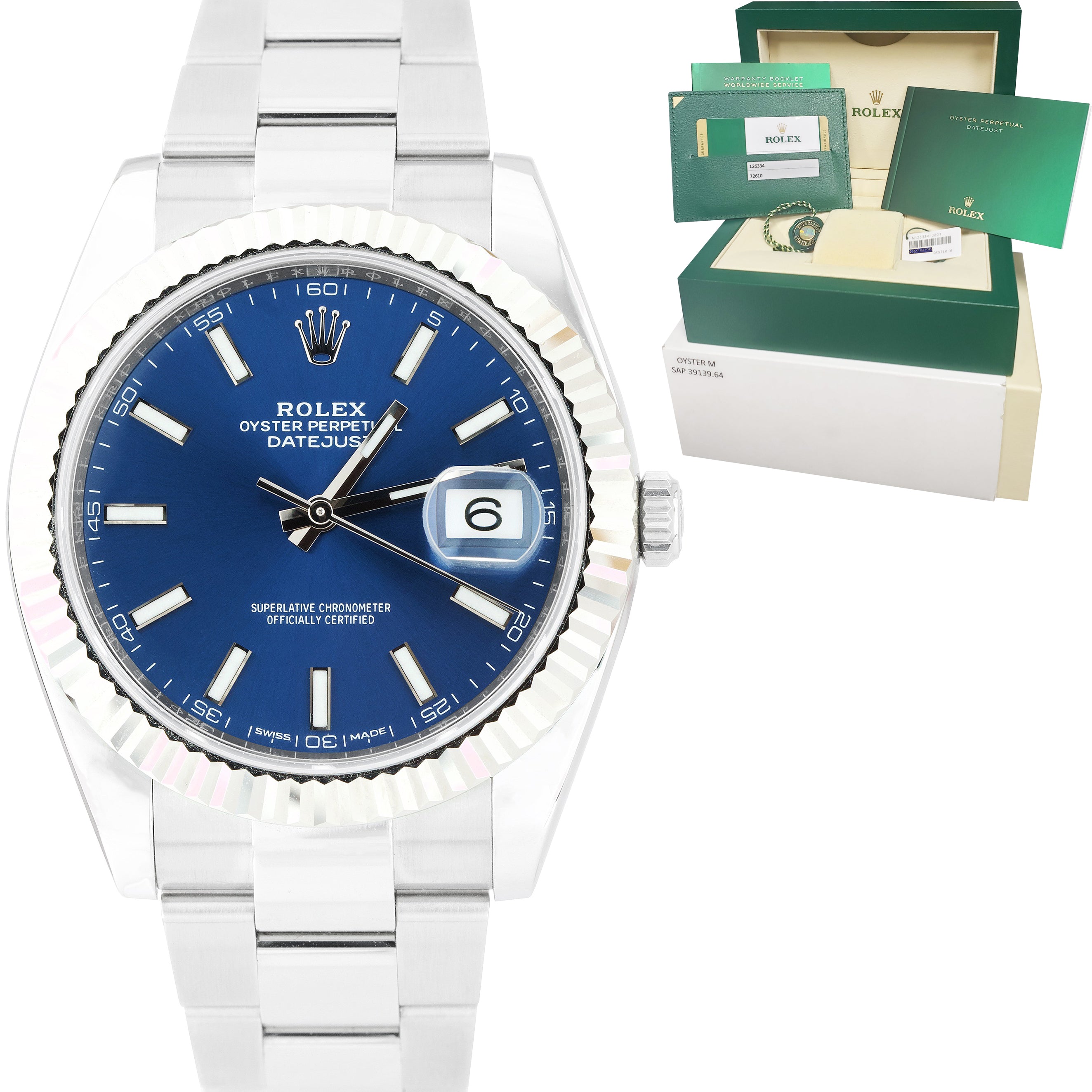 BRAND NEW Rolex DateJust 41 Blue Stainless Steel Fluted Oyster Watch 126334 B+P