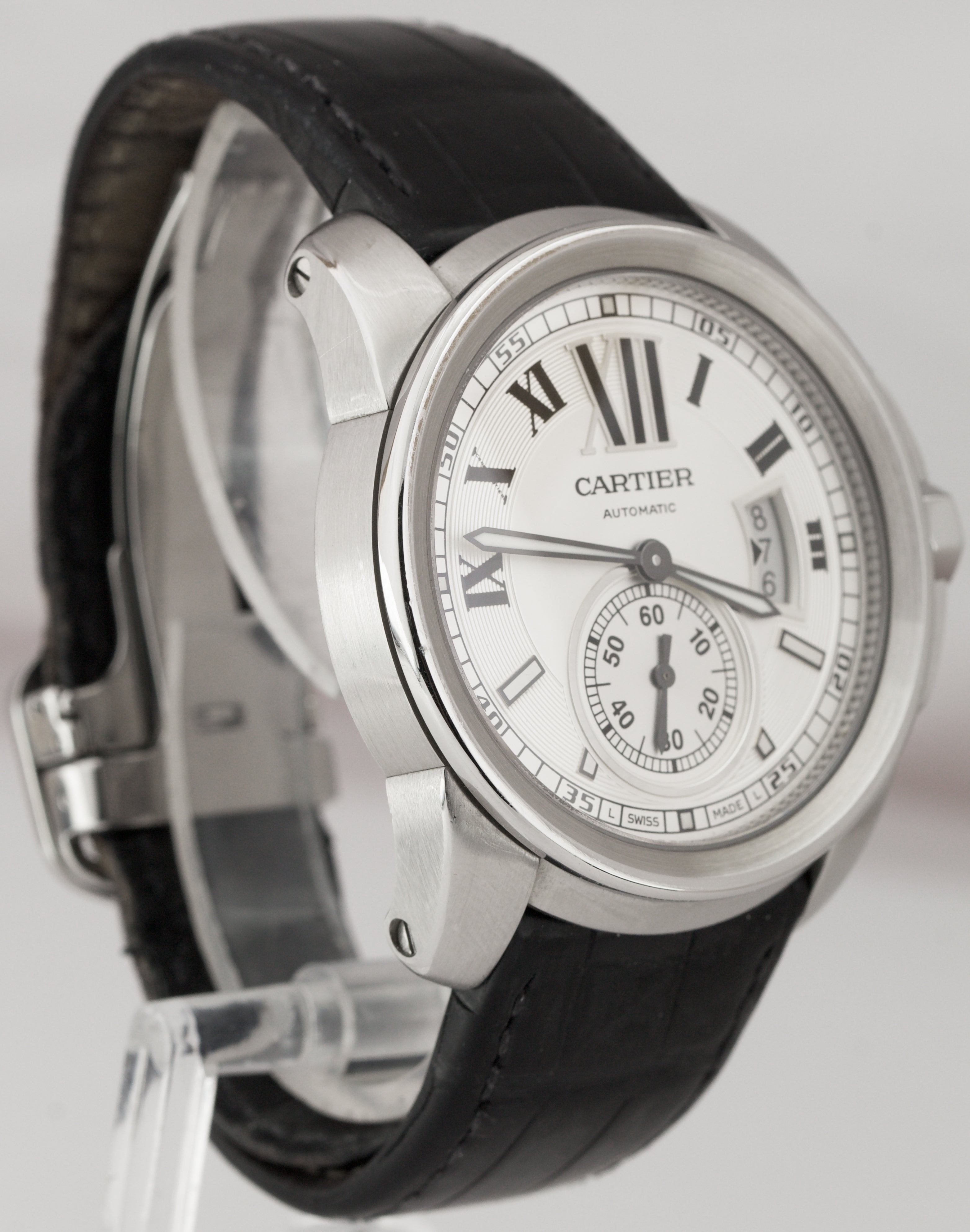Men's Cartier Calibre Silver Black Roman 42mm Stainless Steel Date Watch 3389