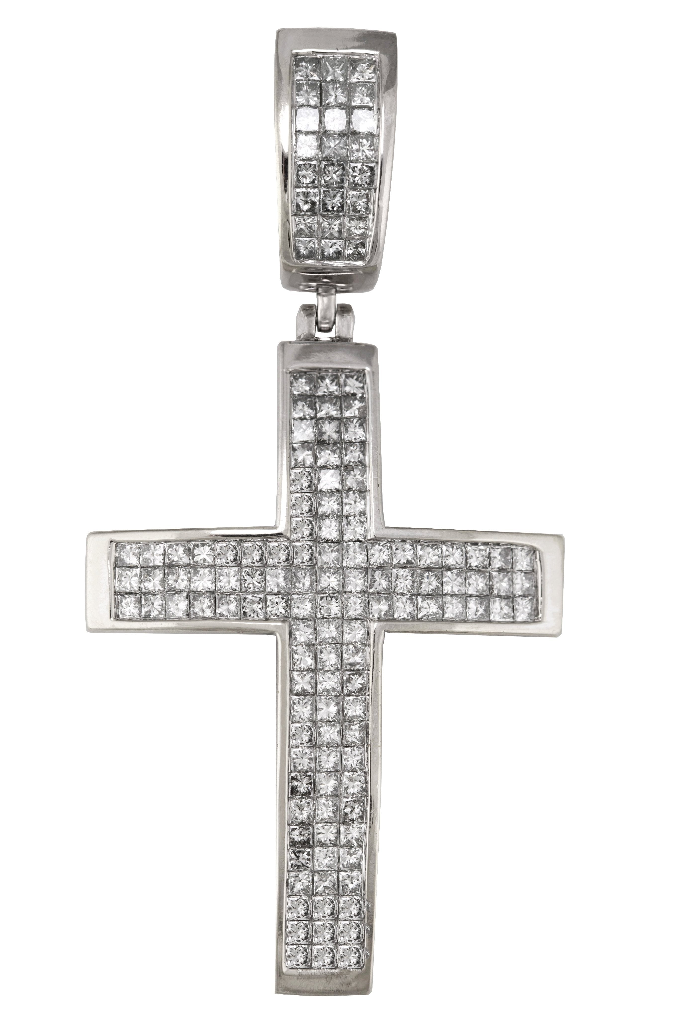 Men's Large 14K White Gold 4.38ctw Princess Cut Diamond Cross Crucifix