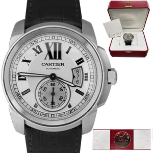 Men's Cartier Calibre Silver Black Roman 42mm Stainless Steel Date Watch 3389