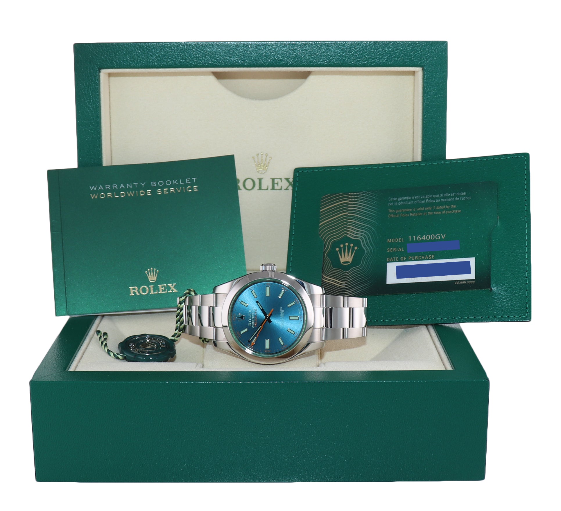 2021 NEW PAPERS Rolex Milgauss Blue Anniversary Green 116400GV Steel Watch Box