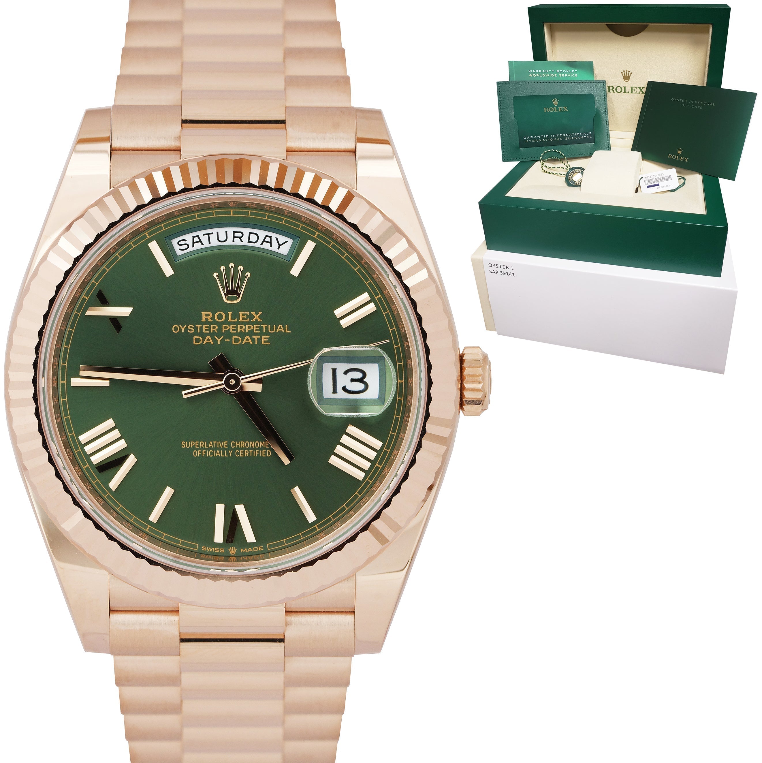 Rolex Day-Date 40 President Rose Gold Olive Green Roman Dial