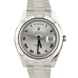 Rolex Day-Date II Presidential 41mm Silver Roman 18K White Gold 218239 B+P