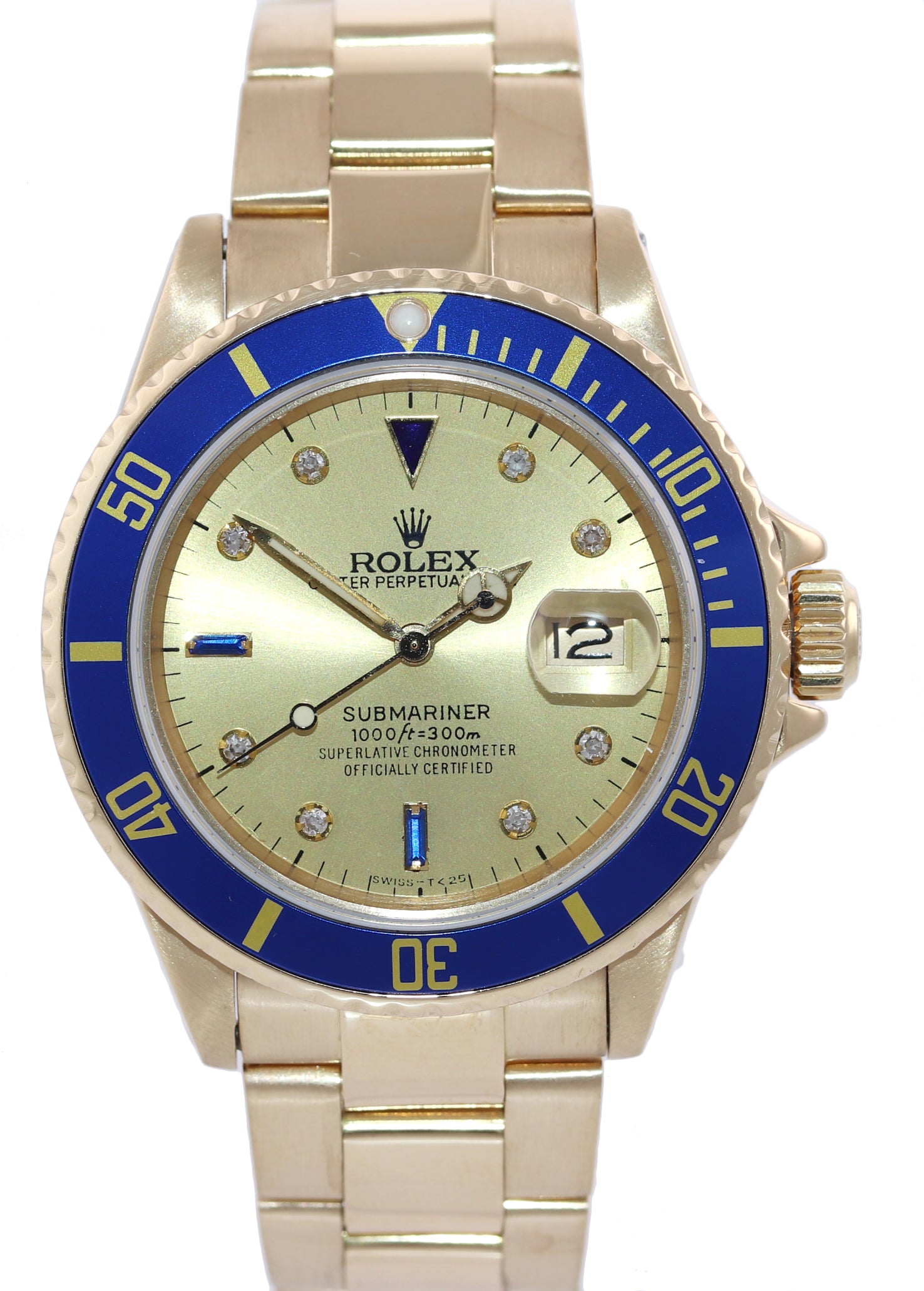 Rolex Submariner Blue 16808 18k Yellow Gold 40mm Champagne Diamond Watch Box