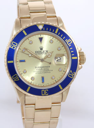 Rolex Submariner Blue 16808 18k Yellow Gold 40mm Champagne Diamond Watch Box