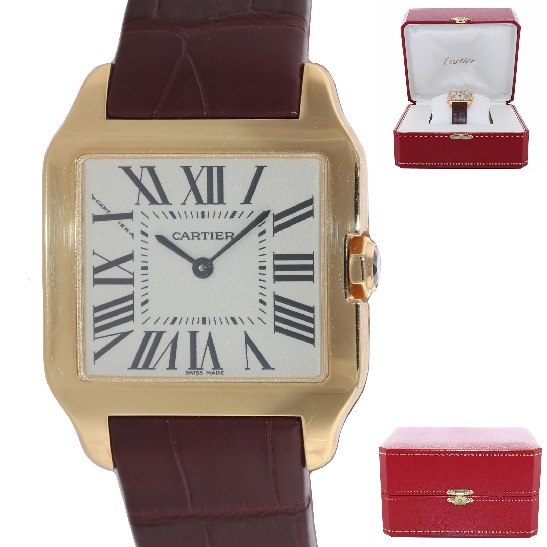 Cartier Santos Dumont 2787 18k Yellow Gold 28mm Ivory Roman Quartz Watch Box