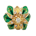 Art Deco 0.30ctw Diamond & Green Enamel Flower Cocktail Ring - 14k Yellow Gold