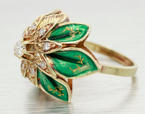 Art Deco 0.30ctw Diamond & Green Enamel Flower Cocktail Ring - 14k Yellow Gold