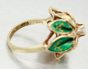 Art Deco 0.30ctw Diamond & Green Enamel Flower Cocktail Ring - 14k Yellow Gold