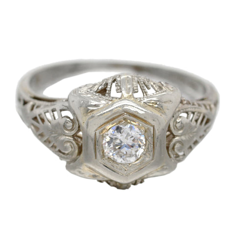 Antique Art Deco 0.20ct Diamond Solitaire Filigree Ring - 18k White Gold | 6.25