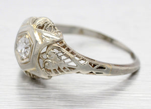 Antique Art Deco 0.20ct Diamond Solitaire Filigree Ring - 18k White Gold | 6.25