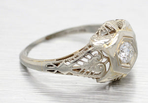 Antique Art Deco 0.20ct Diamond Solitaire Filigree Ring - 18k White Gold | 6.25