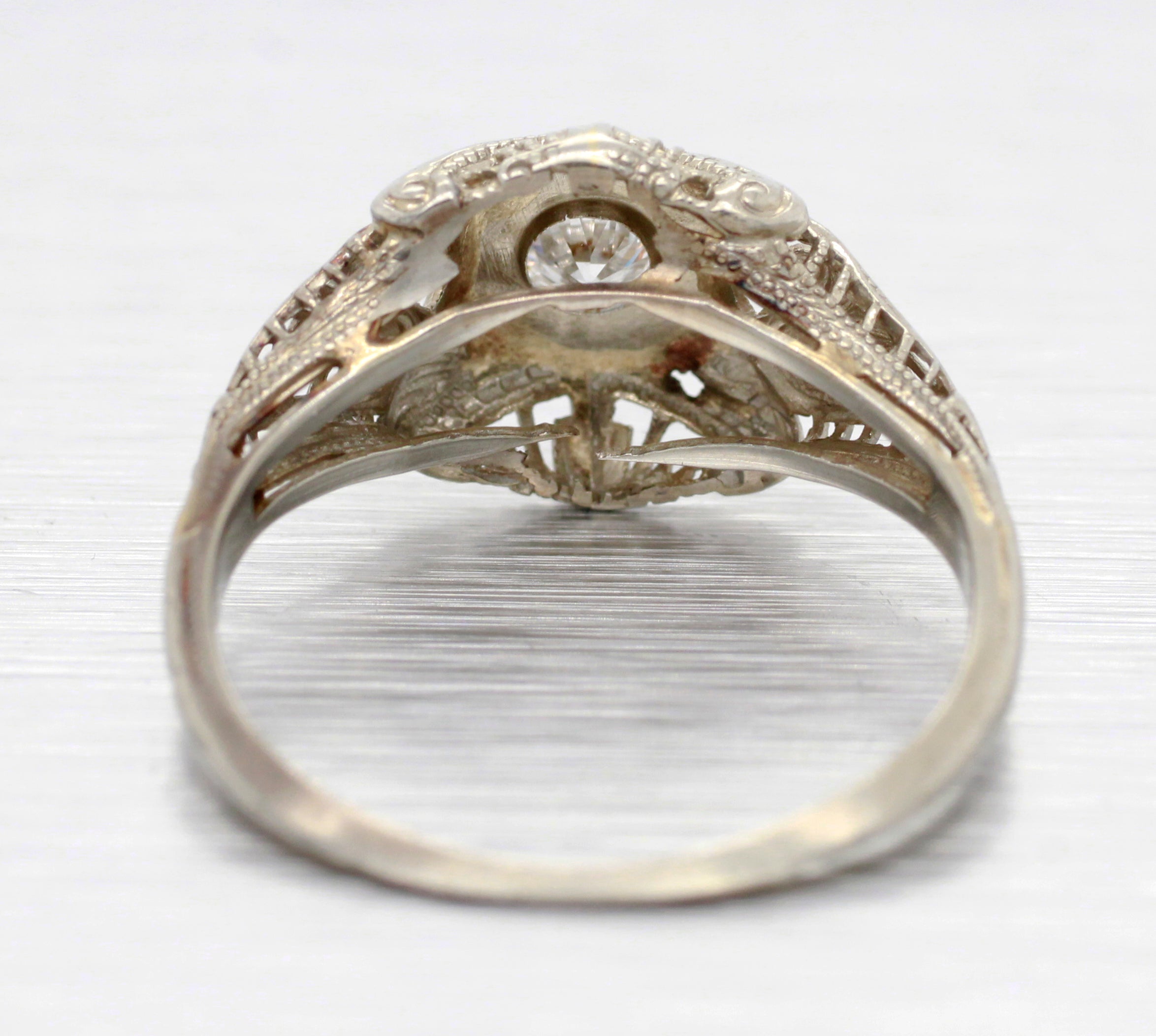 Antique Art Deco 0.20ct Diamond Solitaire Filigree Ring - 18k White Gold | 6.25