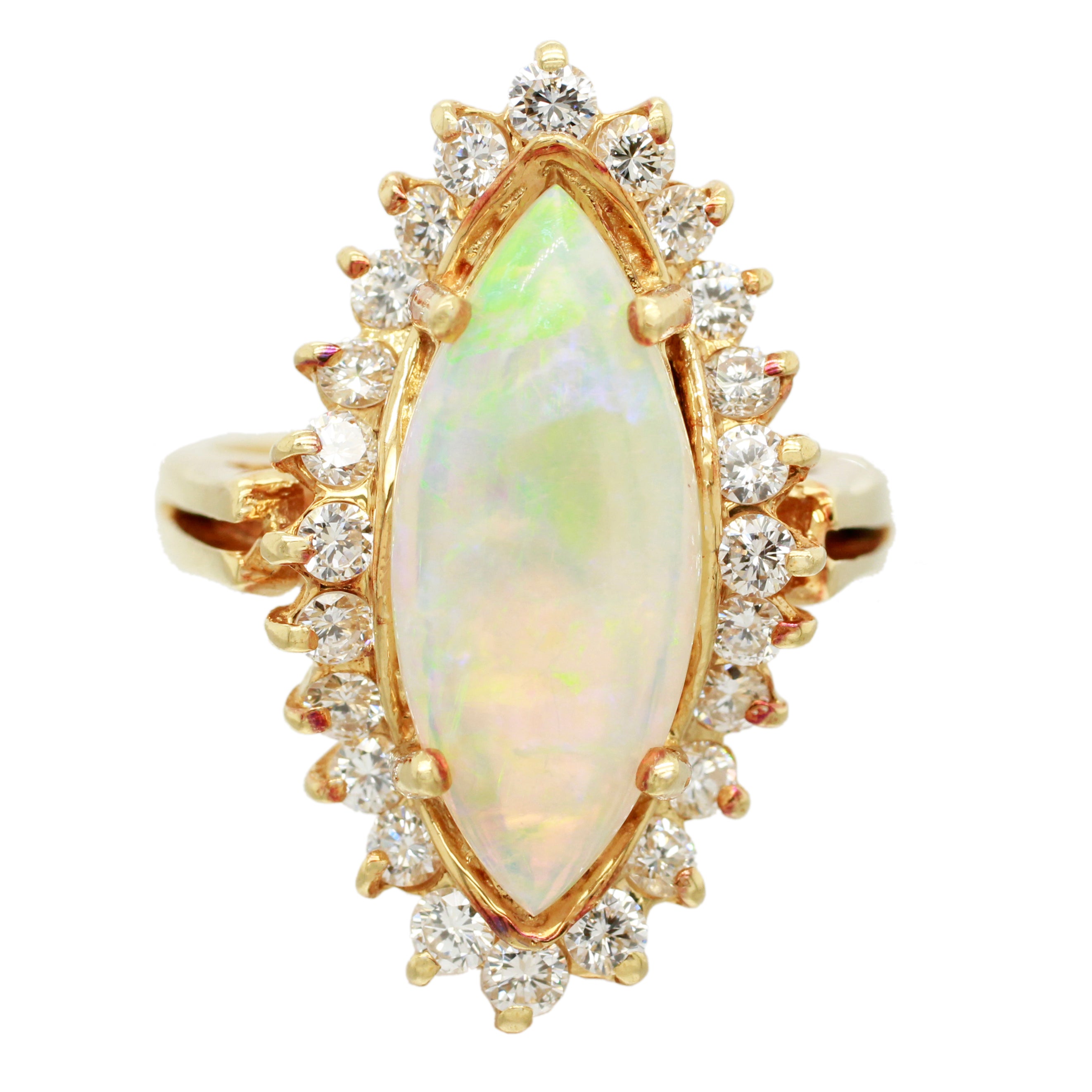Vintage 4ct Marquise Opal Cocktail Ring with Diamond Halo in 18k Yello