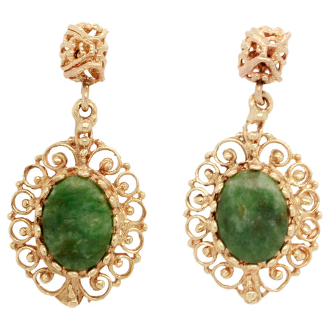 Antique Victorian Oval Olivine Ornate Drop Dangle Earrings - 14k Yellow Gold