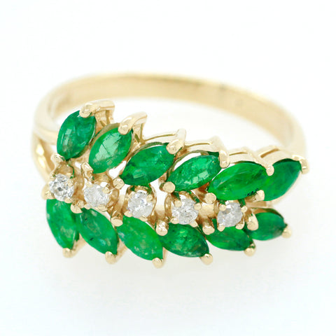 Vintage 0.50ctw Emerald & Diamond Leaf Band Ring - 14k Yellow Gold | Size 6