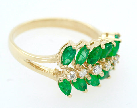 Vintage 0.50ctw Emerald & Diamond Leaf Band Ring - 14k Yellow Gold | Size 6