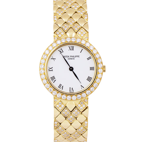 Patek Philippe Calatrava White DIAMOND 18K Yellow Gold 25mm Quartz Watch 4820