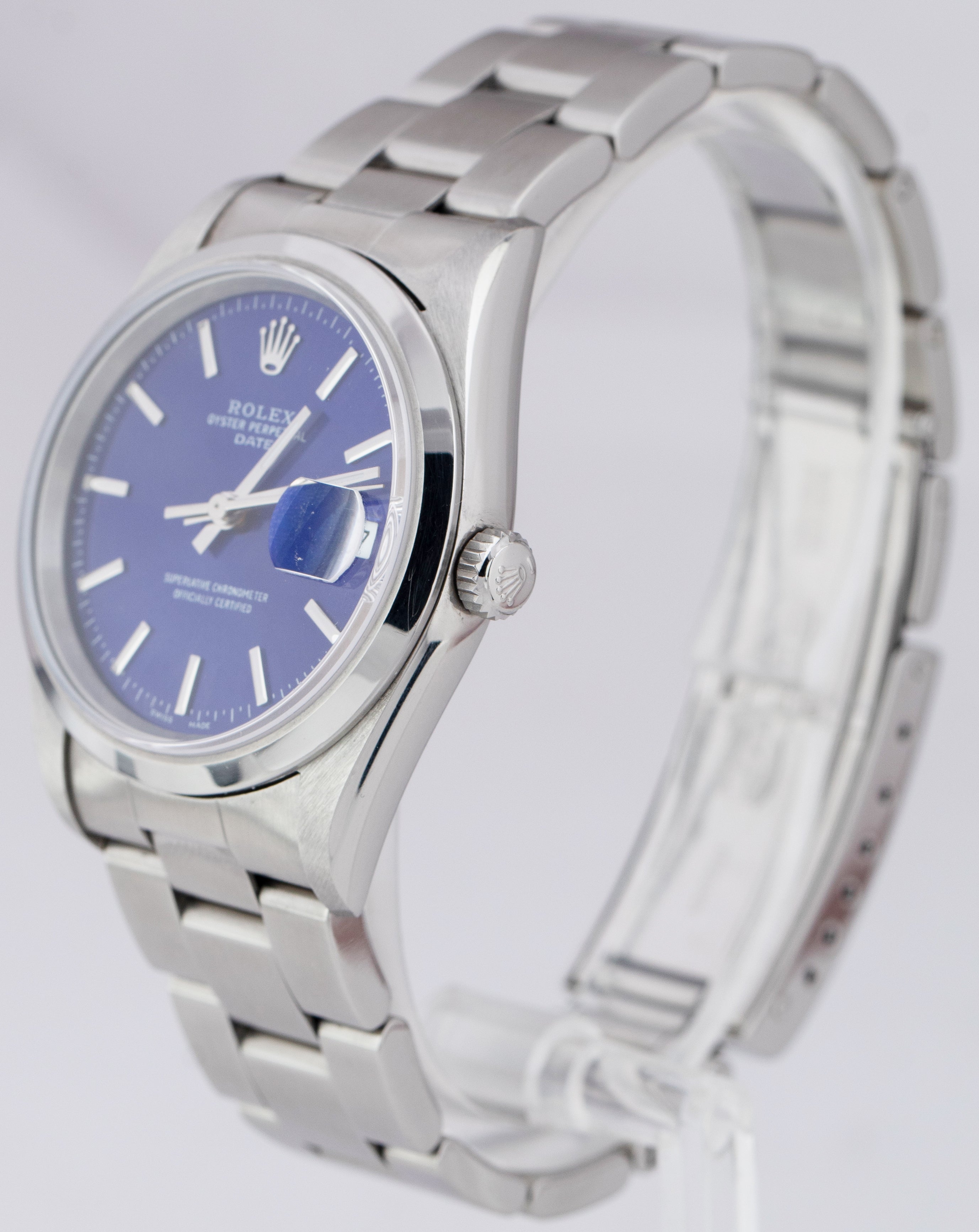 UNPOLISHED NO-HOLES Rolex Date 34mm Blue Stainless Steel Oyster Watch 15200