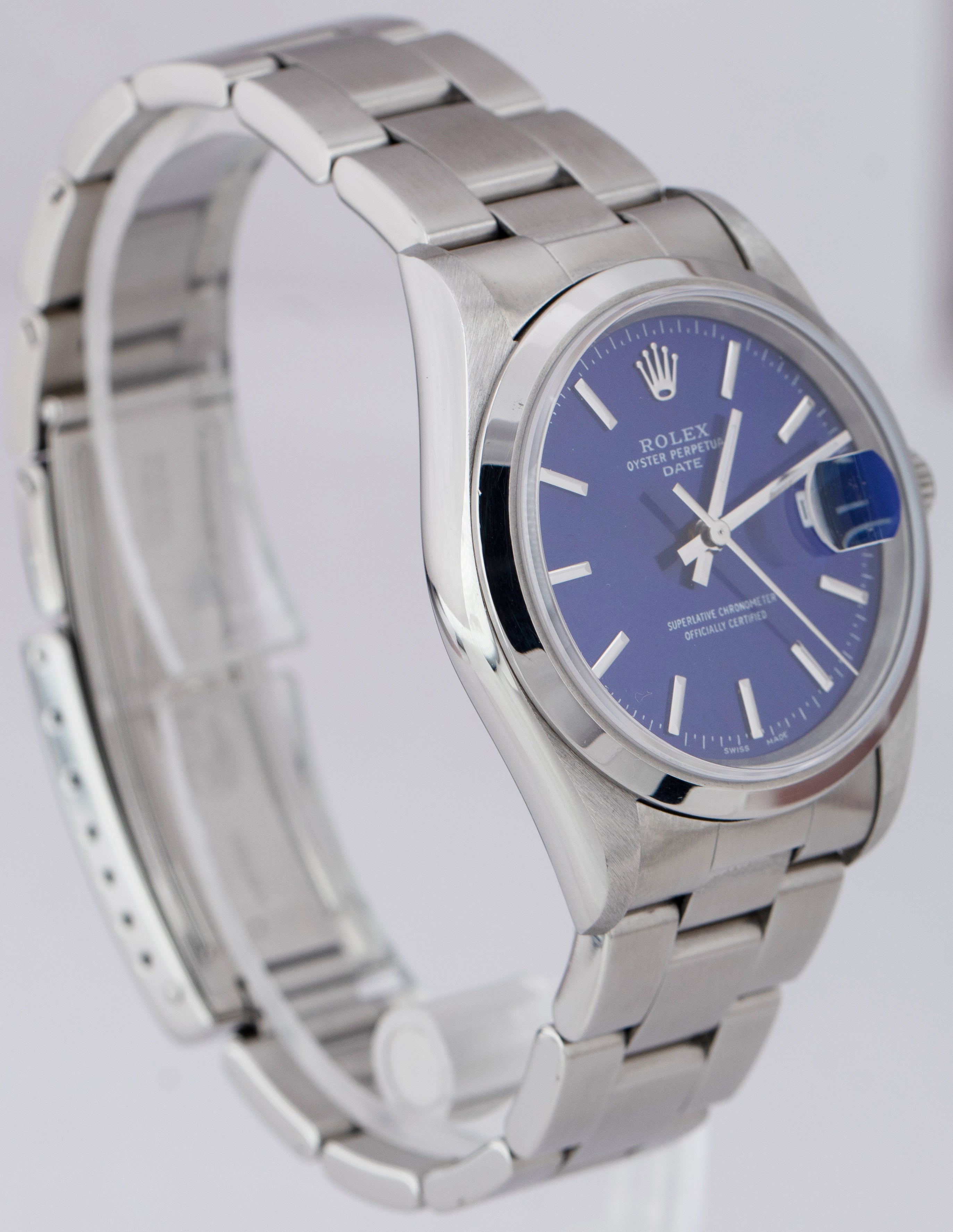 UNPOLISHED NO-HOLES Rolex Date 34mm Blue Stainless Steel Oyster Watch 15200